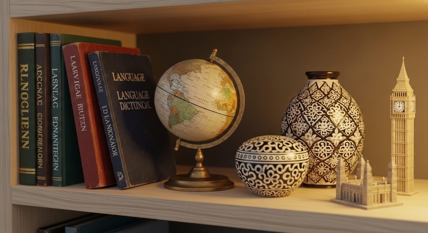 Kệ gỗ trang trí với từ điển ngôn ngữ, quả địa cầu và mô hình danh thắng, tạo cảm hứng cho cách làm vlog học ngôn ngữ và khám phá văn hóa.