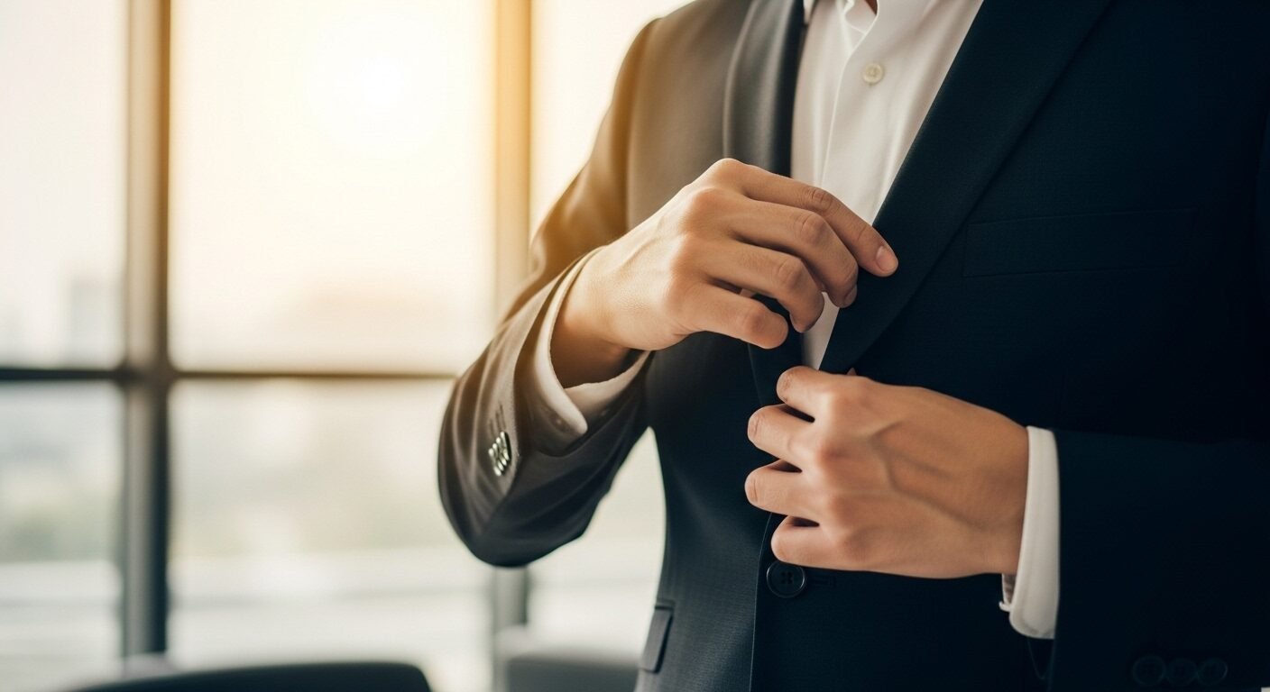 Cận cảnh người mặc vest lịch lãm chỉnh ve áo, thể hiện sự chuyên nghiệp và tự tin, yếu tố then chốt của kỹ năng phỏng vấn xin việc thành công. Cận cảnh người mặc vest lịch lãm chỉnh ve áo, thể hiện sự chuyên nghiệp và tự tin, yếu tố then chốt của kỹ năng phỏng vấn xin việc thành công.