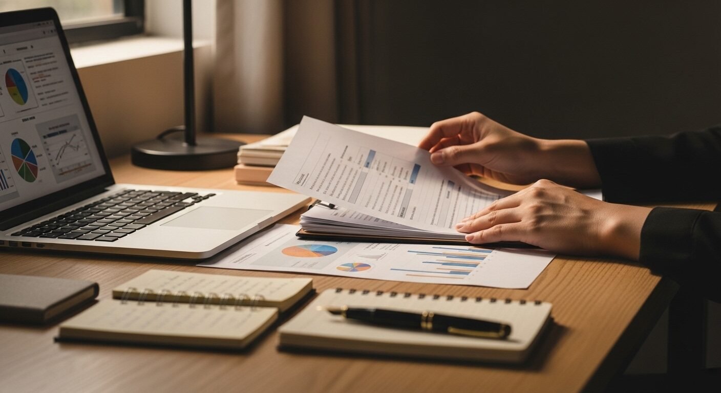 Người đang chuẩn bị chu đáo với tài liệu và laptop, tập trung vào việc hoàn thiện phần giới thiệu bản thân khi phỏng vấn.