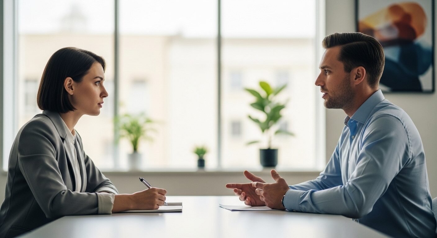 Ứng viên tự tin trả lời phỏng vấn thử trong văn phòng hiện đại, thể hiện cách trả lời phỏng vấn khi chưa có kinh nghiệm một cách hiệu quả. Ứng viên tự tin trả lời phỏng vấn thử trong văn phòng hiện đại, thể hiện cách trả lời phỏng vấn khi chưa có kinh nghiệm một cách hiệu quả.