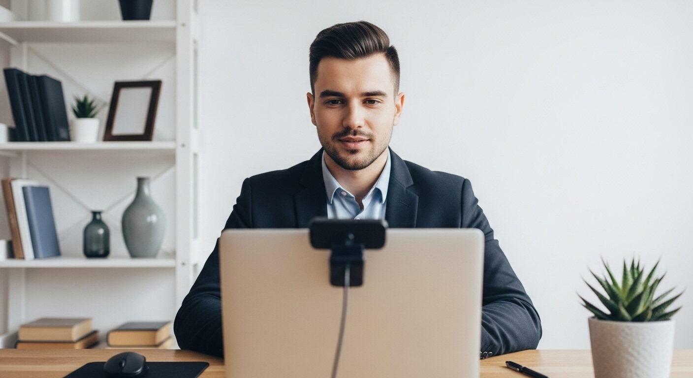 Người trẻ chuyên nghiệp phỏng vấn xin việc online qua laptop, góc làm việc tại nhà gọn gàng, phù hợp cho các tình huống tiếng Anh phỏng vấn xin việc làm. Người trẻ chuyên nghiệp phỏng vấn xin việc online qua laptop, góc làm việc tại nhà gọn gàng, phù hợp cho các tình huống tiếng Anh phỏng vấn xin việc làm.