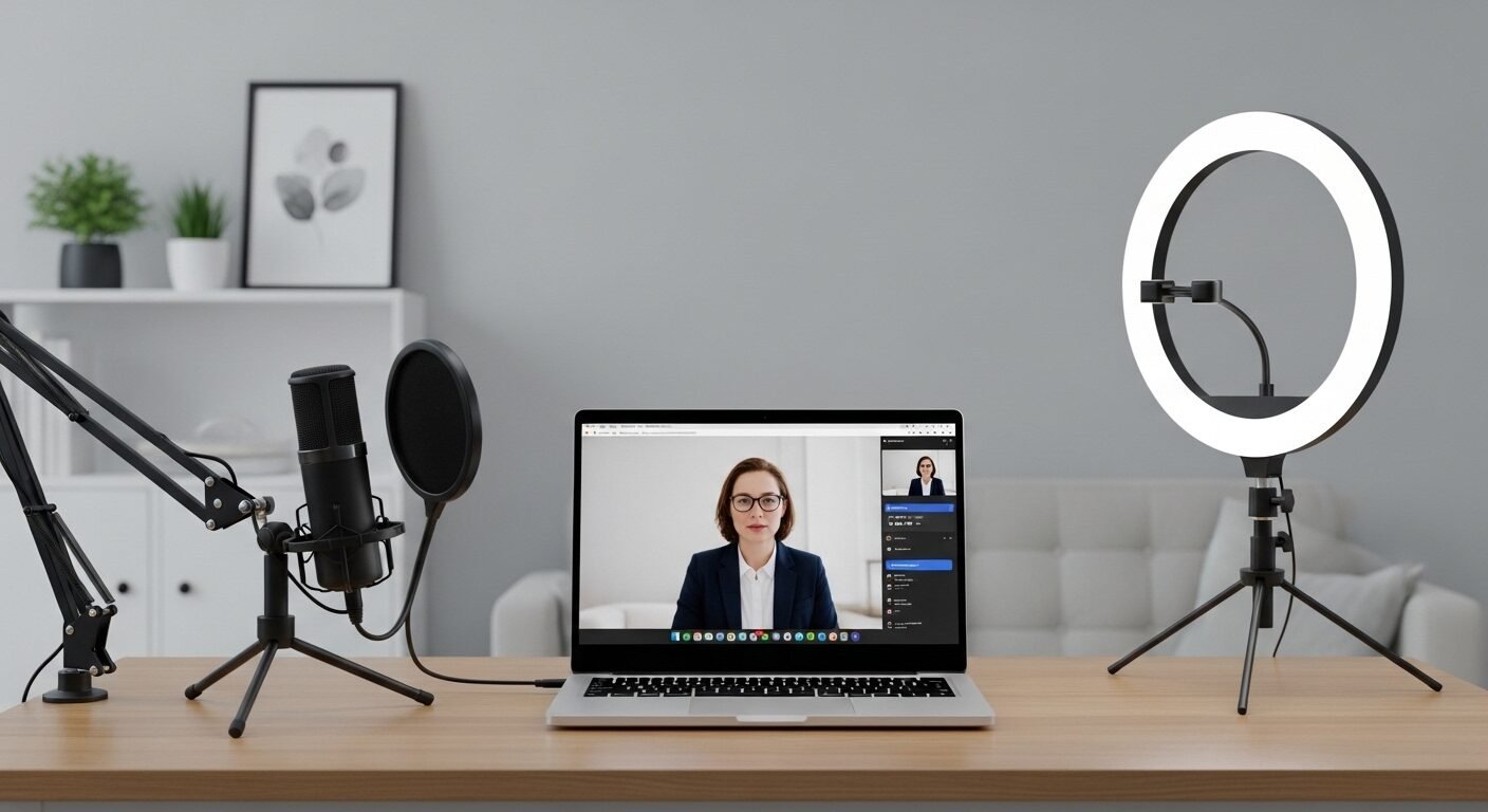 Góc làm việc tại nhà chuyên nghiệp với laptop, mic, đèn ring light sẵn sàng phỏng vấn online. Chuẩn bị hoàn hảo cho cách trả lời phỏng vấn tiếng Anh tự tin. Góc làm việc tại nhà chuyên nghiệp với laptop, mic, đèn ring light sẵn sàng phỏng vấn online. Chuẩn bị hoàn hảo cho cách trả lời phỏng vấn tiếng Anh tự tin.