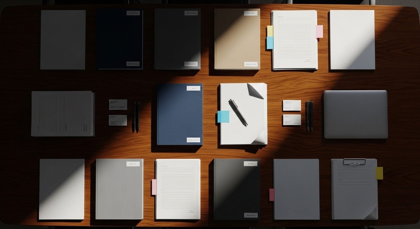 Góc nhìn từ trên cao bàn họp chuyên nghiệp với các tập tài liệu được sắp xếp gọn gàng dưới ánh sáng tập trung. Hình ảnh này thể hiện quá trình xem xét kỹ lưỡng, giúp đảm bảo các nhà tuyển dụng không thông báo kết quả phỏng vấn một cách thiếu chuyên nghiệp.