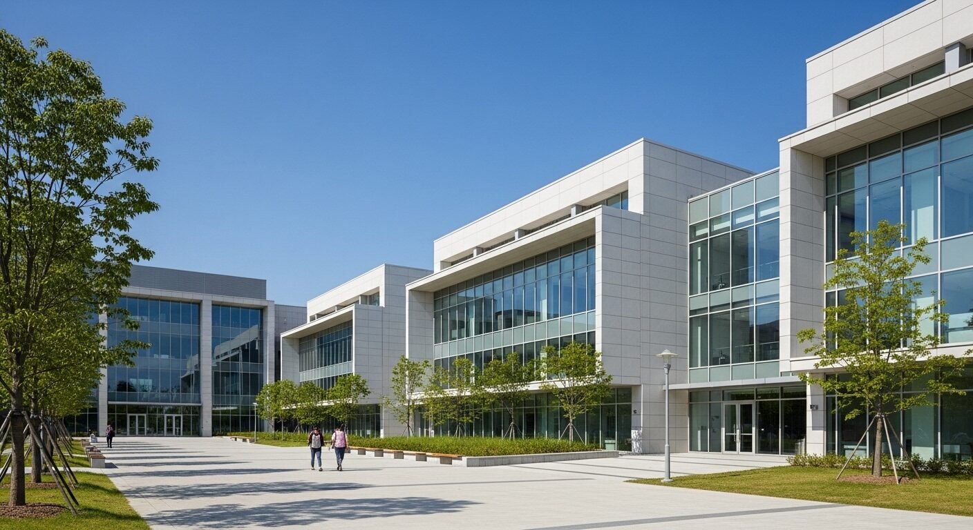 Khuôn viên trường đại học hiện đại với kiến trúc kính lớn, cây xanh tươi mát và sinh viên đang đi lại. Một không gian lý tưởng để tìm hiểu về môi trường học tập và thông tin như học phí Trường Đại học Y khoa Phạm Ngọc Thạch.