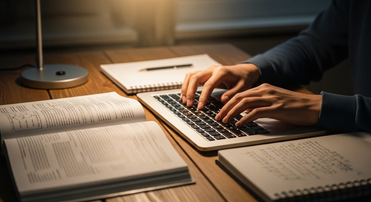 Tay đang gõ laptop trên bàn học với sách vở và sổ ghi chép, thể hiện sự chuẩn bị kỹ lưỡng để tự tin trả lời phỏng vấn khi chưa có kinh nghiệm.