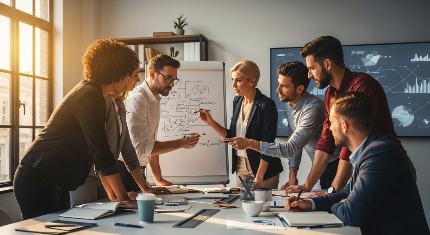 Đội ngũ chuyên gia đa dạng cộng tác sôi nổi tại văn phòng hiện đại, phác thảo ý tưởng trên bảng trắng với màn hình kỹ thuật số phía sau, thể hiện sự thích nghi và đổi mới trong các ngành nghề bị ảnh hưởng bởi AI. Đội ngũ chuyên gia đa dạng cộng tác sôi nổi tại văn phòng hiện đại, phác thảo ý tưởng trên bảng trắng với màn hình kỹ thuật số phía sau, thể hiện sự thích nghi và đổi mới trong các ngành nghề bị ảnh hưởng bởi AI.