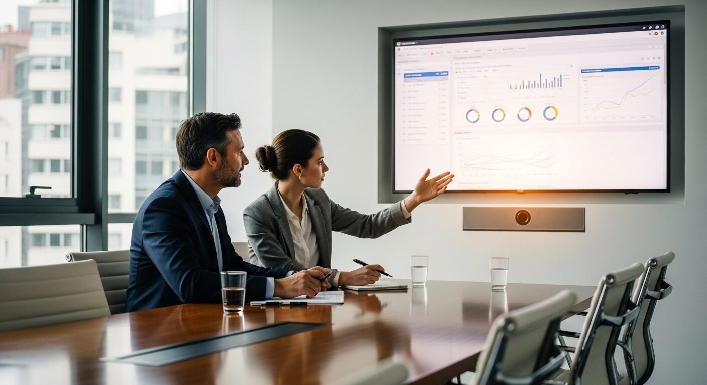 Chuyên gia hướng dẫn quản trị viên tập sự xem xét dự án trên màn hình lớn trong buổi đào tạo tại phòng họp hiện đại.