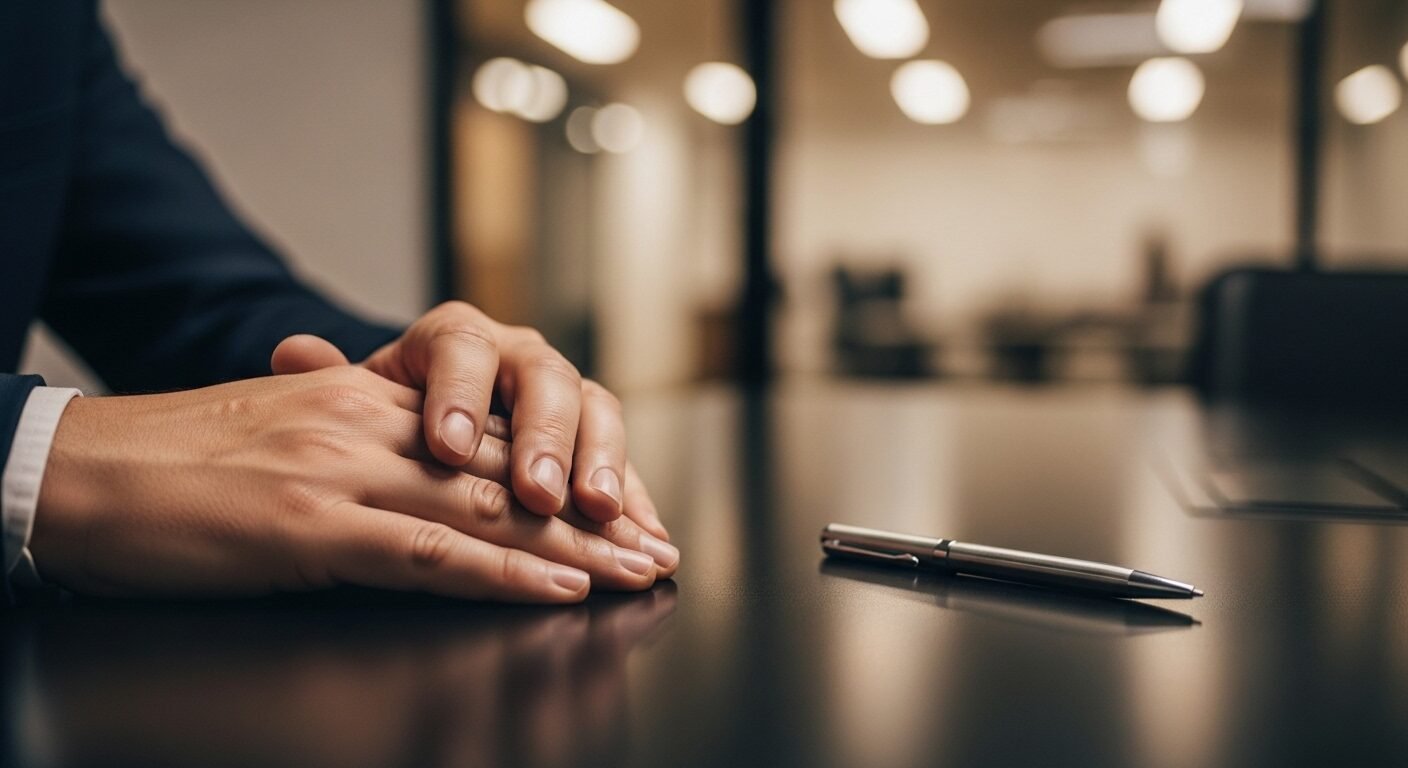 Bàn tay ứng viên bình tĩnh đặt trên bàn phỏng vấn cùng cây bút, thể hiện sự tự tin và composure trong cách trả lời phỏng vấn. Bàn tay ứng viên bình tĩnh đặt trên bàn phỏng vấn cùng cây bút, thể hiện sự tự tin và composure trong cách trả lời phỏng vấn.