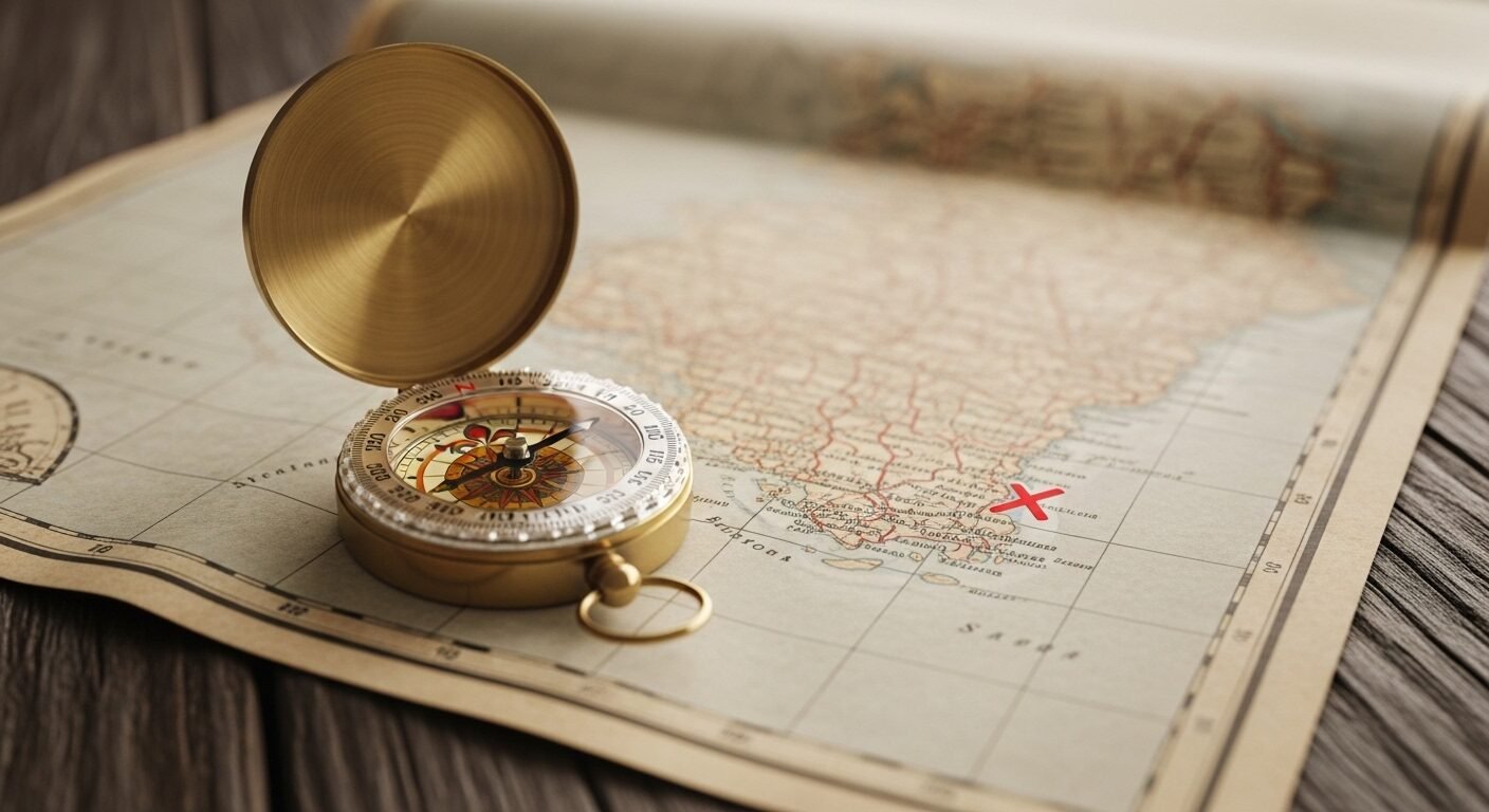 La bàn cổ trên bản đồ với điểm đỏ, minh họa kỹ năng tìm việc làm để định hướng sự nghiệp rõ ràng.