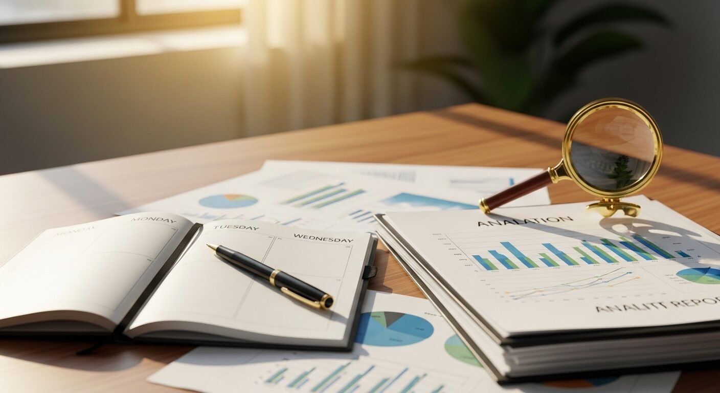 Bàn làm việc gỗ gọn gàng với sổ kế hoạch, bút, kính lúp và các báo cáo phân tích dữ liệu, dưới ánh nắng vàng rực rỡ, minh họa quá trình phân tích sâu sắc và lập kế hoạch chiến lược nhằm ra quyết định hiệu quả trong sự nghiệp. Bàn làm việc gỗ gọn gàng với sổ kế hoạch, bút, kính lúp và các báo cáo phân tích dữ liệu, dưới ánh nắng vàng rực rỡ, minh họa quá trình phân tích sâu sắc và lập kế hoạch chiến lược nhằm ra quyết định hiệu quả trong sự nghiệp.