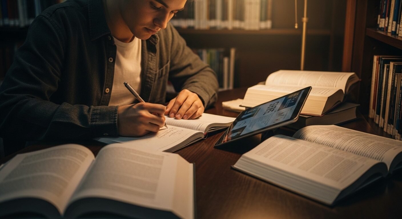 Sinh viên chăm chú ghi chú giữa sách giáo trình và máy tính bảng tại thư viện đại học, thể hiện sự đầu tư nghiêm túc cho việc chọn ngành đại học và tương lai.