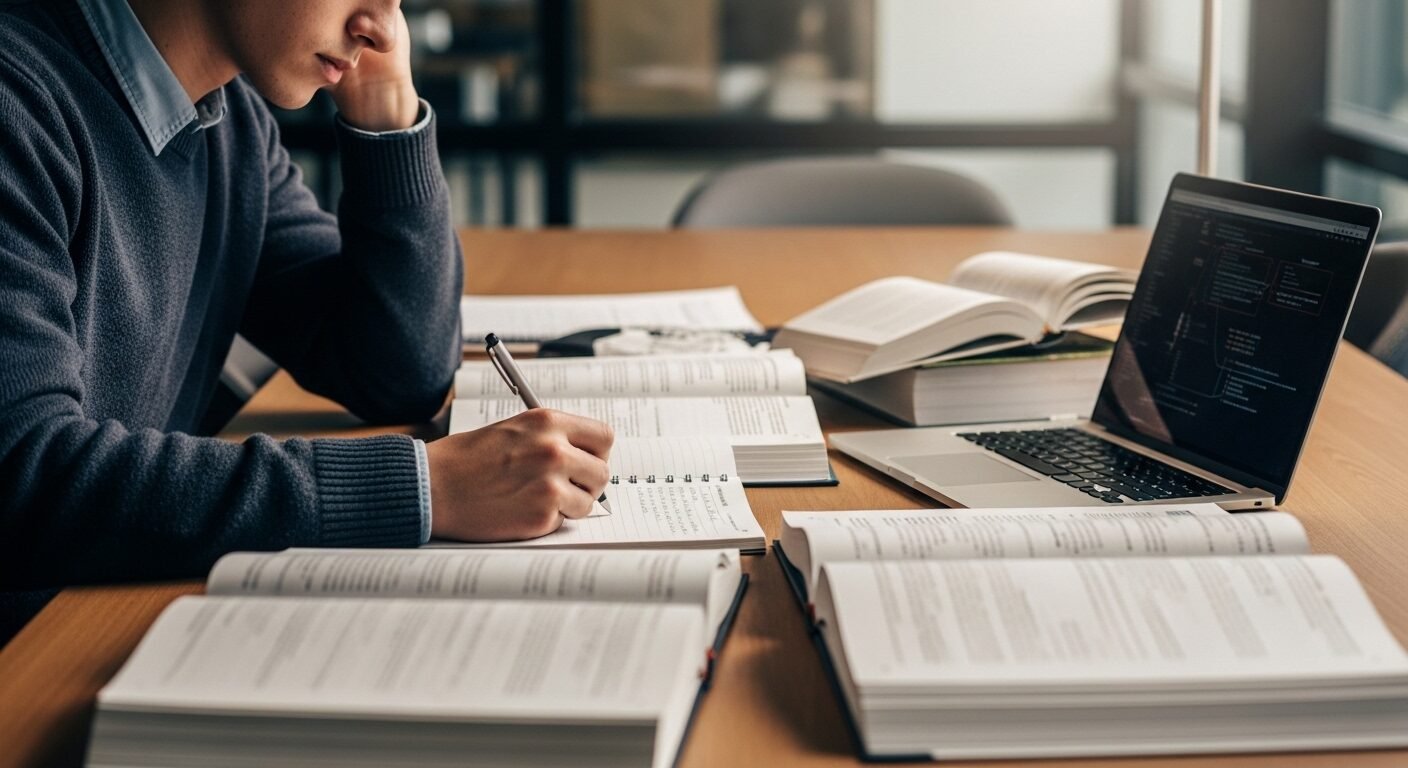 Sinh viên đại học tập trung cao độ bên sách và laptop, miệt mài ghi chép, thể hiện tư duy phát triển trong học tập và nghiên cứu.