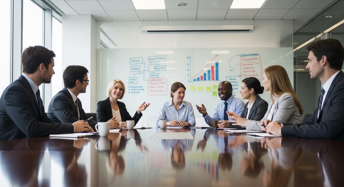 Nhóm chuyên gia đa dạng thảo luận hợp tác quanh bàn tròn, với sơ đồ trên bảng kính, minh họa việc áp dụng và phát triển kỹ năng trong CV quan trọng.