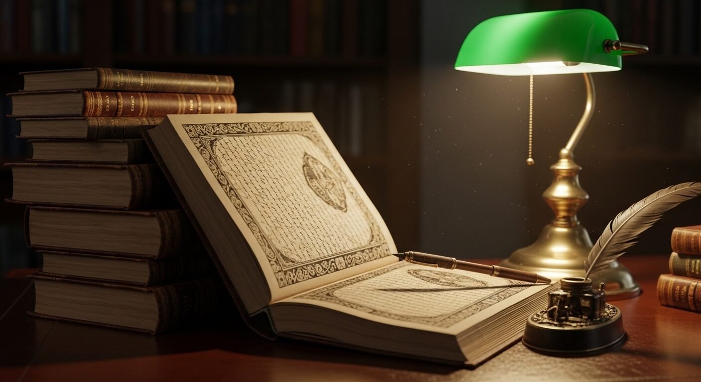 Chồng sách da cổ trên bàn gỗ, đèn vintage ấm áp chiếu sáng trang sách mở với chữ viết tinh xảo, gợi những câu chuyện cho phim truyền cảm hứng.