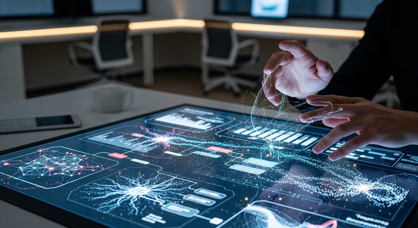 Đôi tay người đang ra dấu suy tư trên màn hình cảm ứng trong suốt hiển thị dữ liệu và thuật toán phức tạp. Hình ảnh gợi mở về tương lai công việc, khi tranh luận về việc trí tuệ nhân tạo thay thế con người ngày càng gay gắt.