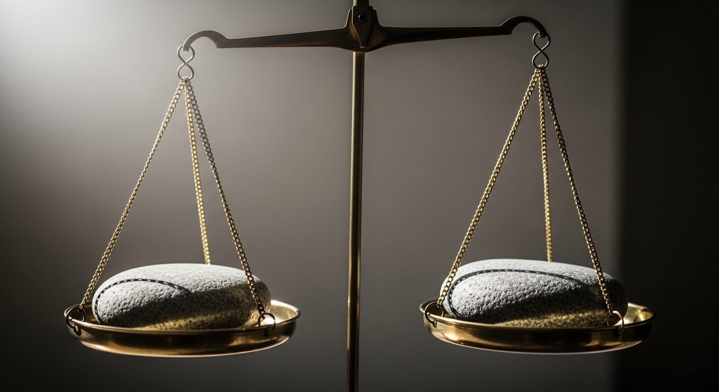 Cân đồng cổ thăng bằng với hai viên đá xám, biểu tượng cho tư duy phản biện và việc cân nhắc bằng chứng.