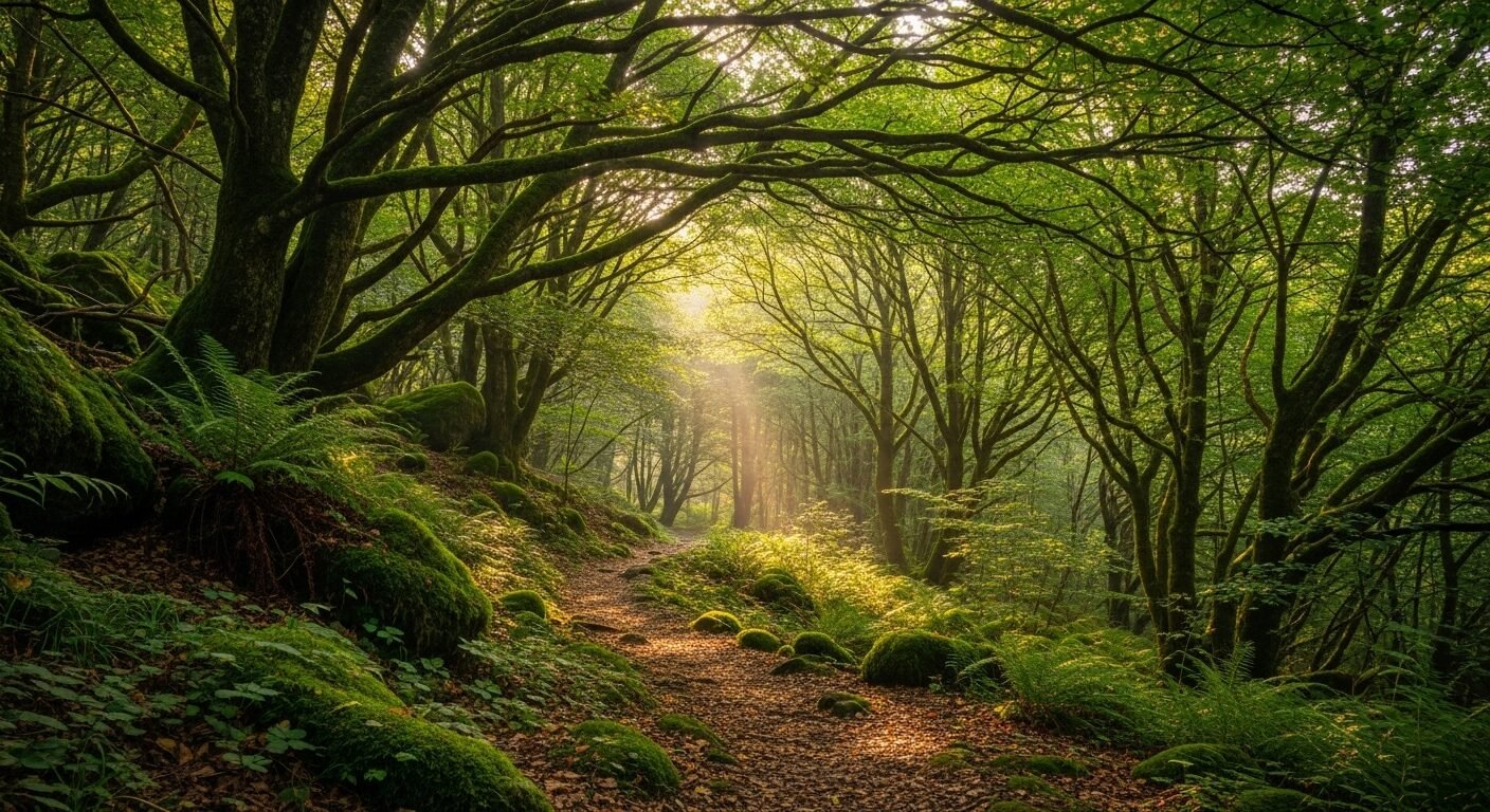 Con đường mòn yên tĩnh uốn lượn giữa rừng xanh tươi mát, ánh nắng dịu xuyên tán lá tạo cảm giác thanh bình. Một không gian lý tưởng để hiểu work-life balance là gì.