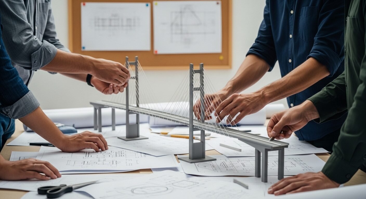 Mô hình cầu phức tạp đang được nhiều người lắp ráp tỉ mỉ trên bàn, có bản vẽ kỹ thuật phía sau, minh họa rõ nét kỹ năng làm việc nhóm hiệu quả trong dự án.