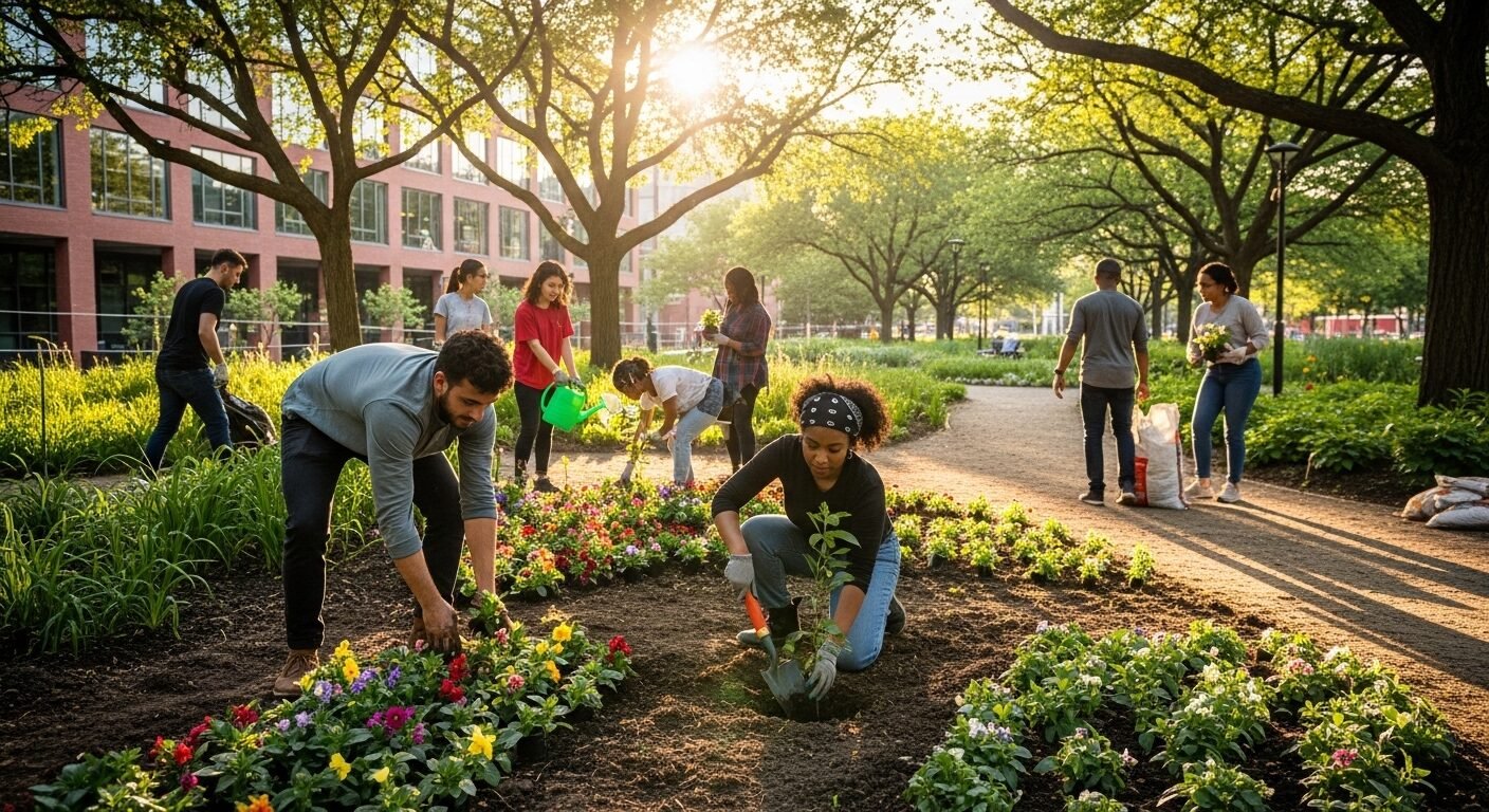 Nhóm Gen Z năng động trồng cây và hoa trong dự án vườn cộng đồng tại công viên đô thị. Hình ảnh tiêu biểu cho Gen Z là gì qua các hoạt động xã hội ý nghĩa. Nhóm Gen Z năng động trồng cây và hoa trong dự án vườn cộng đồng tại công viên đô thị. Hình ảnh tiêu biểu cho Gen Z là gì qua các hoạt động xã hội ý nghĩa.