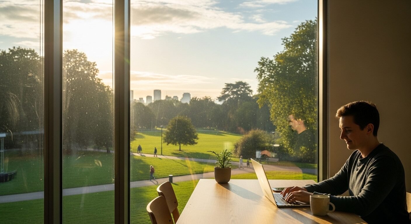 Một người làm việc trên laptop tại bàn tối giản cạnh cửa sổ lớn nhìn ra công viên, tràn ngập ánh sáng tự nhiên. Cảnh tượng này thể hiện môi trường làm việc linh hoạt, lý tưởng cho các việc làm thời vụ. Một người làm việc trên laptop tại bàn tối giản cạnh cửa sổ lớn nhìn ra công viên, tràn ngập ánh sáng tự nhiên. Cảnh tượng này thể hiện môi trường làm việc linh hoạt, lý tưởng cho các việc làm thời vụ.