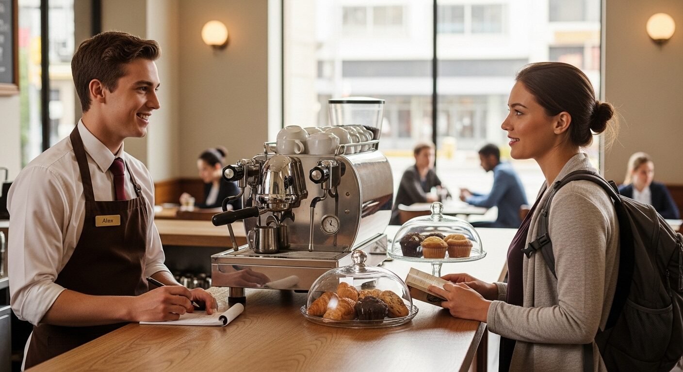 Sinh viên nam thân thiện trong đồng phục quán cà phê đang vui vẻ nhận order từ du khách quốc tế, minh họa cho việc làm part time cho sinh viên sử dụng tiếng Anh.