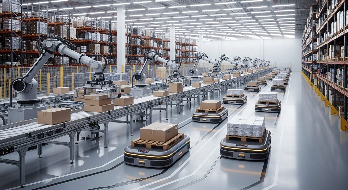 Kho hàng tự động, hiện đại của một công ty logistics tại Việt Nam, nơi cánh tay robot và xe AGV tối ưu hóa việc sắp xếp, vận chuyển hàng hóa hiệu quả dưới ánh đèn LED.