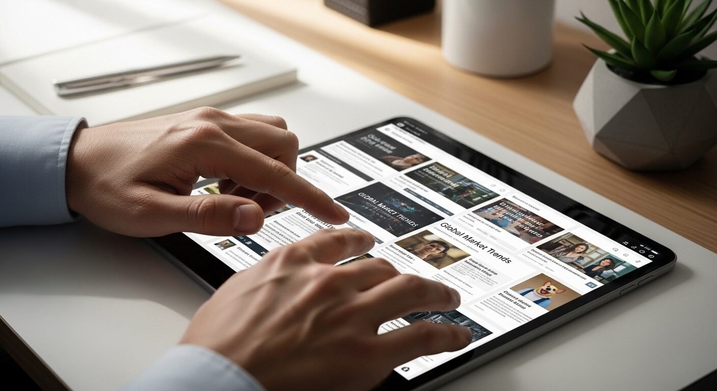 3.  Hình ảnh tay đang lướt tablet xem nhiều dòng tin tức và giao diện mạng xã hội, thể hiện hoạt động của Cộng tác viên báo chí.