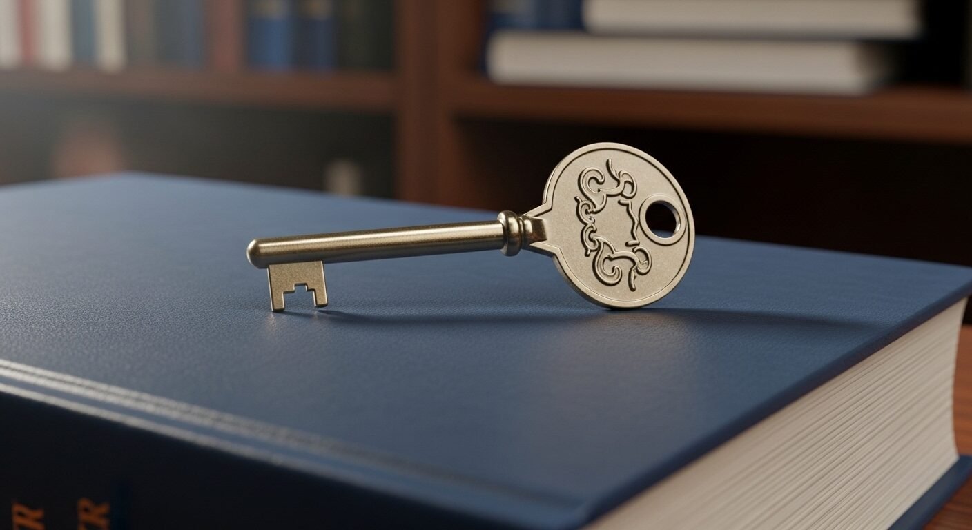 Chìa khóa đồng cổ điển tinh xảo trên sách học thuật bìa xanh, tượng trưng cho cánh cửa tri thức và cơ hội tuyển sinh Đại học Bách khoa Hà Nội 2026.
