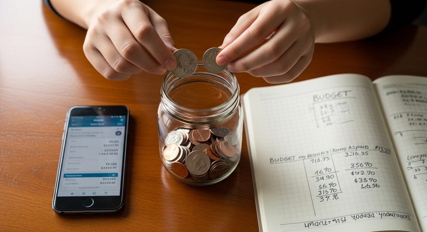 Sinh viên cẩn thận bỏ tiền xu vào hũ tiết kiệm bên cạnh sổ ghi chép ngân sách và điện thoại hiển thị ứng dụng ngân hàng. Hình ảnh nhấn mạnh việc quản lý tài chính cá nhân và tầm quan trọng của các nguồn thu nhập như công việc làm thêm tại nhà không mất phí cho sinh viên để đạt mục tiêu tiết kiệm.