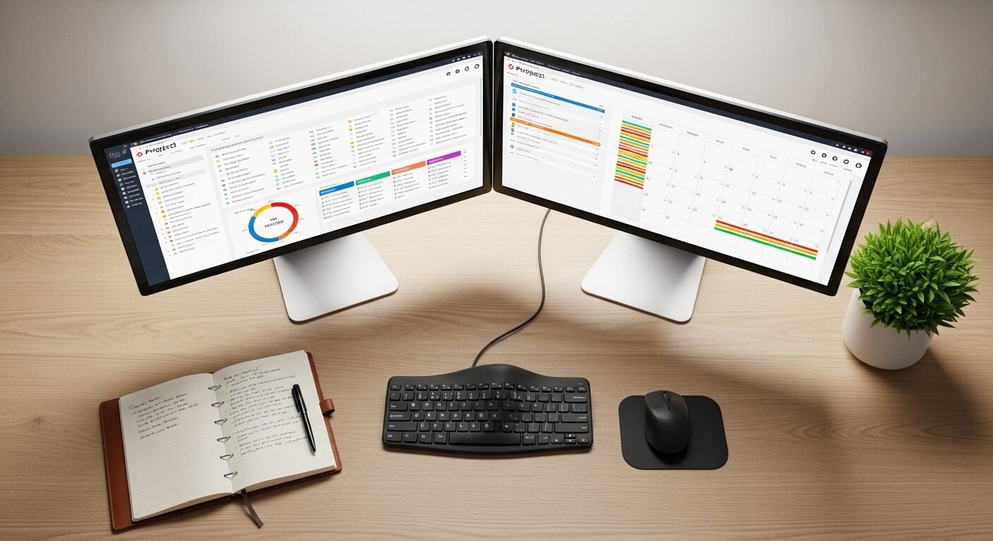 Bàn làm việc ergonomic gọn gàng với hai màn hình hiển thị phần mềm quản lý dự án và lịch, sổ tay, cây cảnh. Một không gian làm việc tự quản lý hiệu quả, minh họa rõ nét Freelancer là gì qua cách họ tổ chức công việc chuyên nghiệp. Bàn làm việc ergonomic gọn gàng với hai màn hình hiển thị phần mềm quản lý dự án và lịch, sổ tay, cây cảnh. Một không gian làm việc tự quản lý hiệu quả, minh họa rõ nét Freelancer là gì qua cách họ tổ chức công việc chuyên nghiệp.