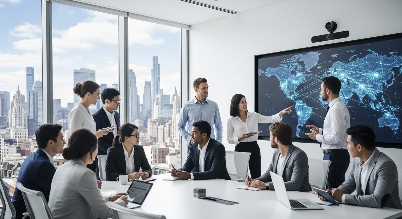 Nhóm chuyên gia đa dạng hợp tác trong phòng họp hiện đại. Màn hình hiển thị bản đồ chuỗi cung ứng toàn cầu, thể hiện chiến lược và tầm quan trọng của chuyên ngành kinh tế trong kinh doanh quốc tế.