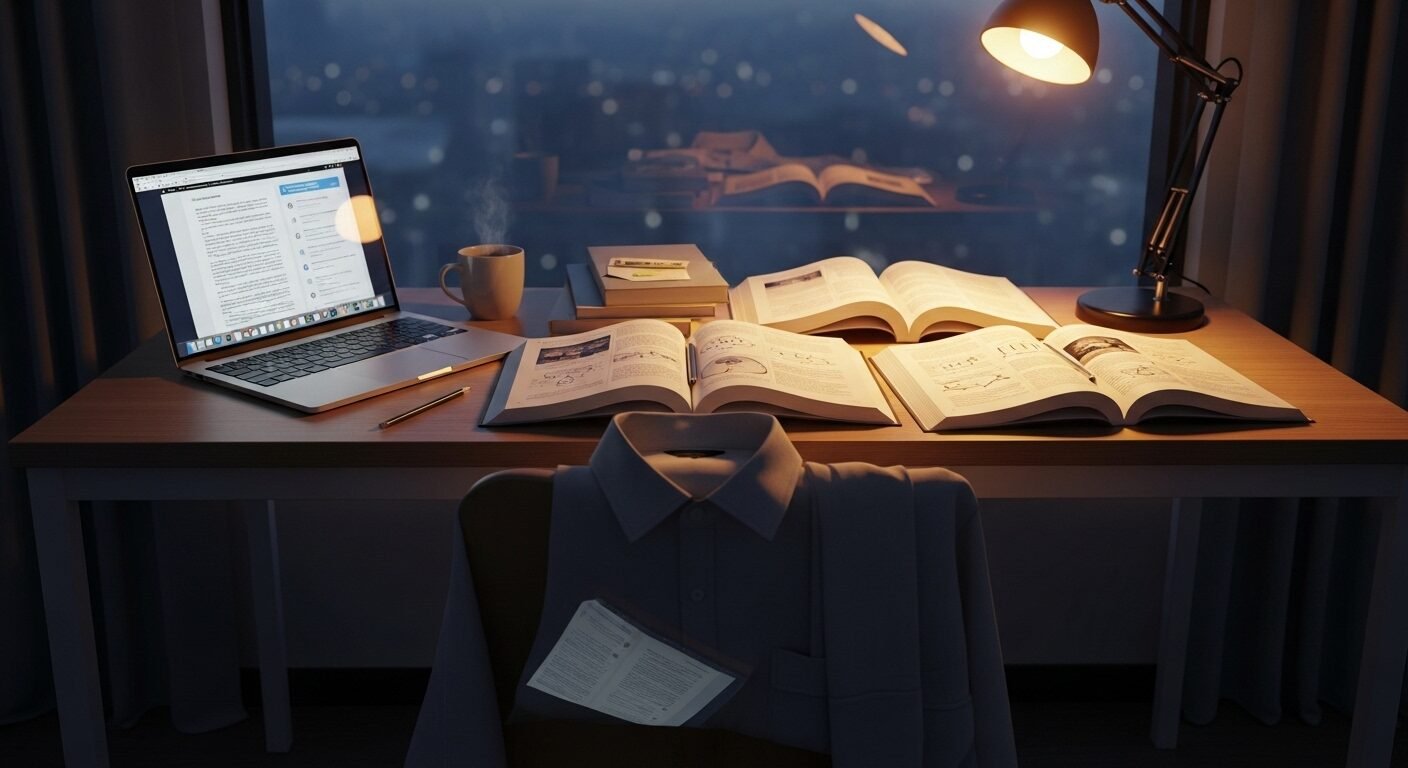 Bàn học gọn gàng với sách, laptop và đồng phục làm việc, minh họa sự cân bằng giữa học và làm thêm cho người đang tìm hiểu về hồ sơ xin việc dưới 18 tuổi.