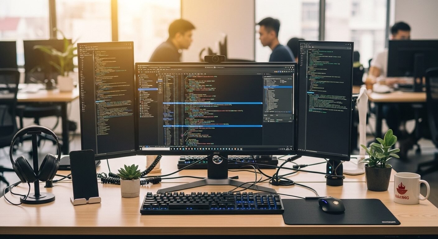Cận cảnh bàn làm việc lập trình viên hiện đại tại văn phòng công nghệ ở Hà Nội, với nhiều màn hình hiển thị code và bàn phím cơ. Môi trường làm việc chuyên nghiệp này là hình ảnh lý tưởng cho các bạn tìm kiếm việc làm sinh viên Hà Nội trong ngành IT.
