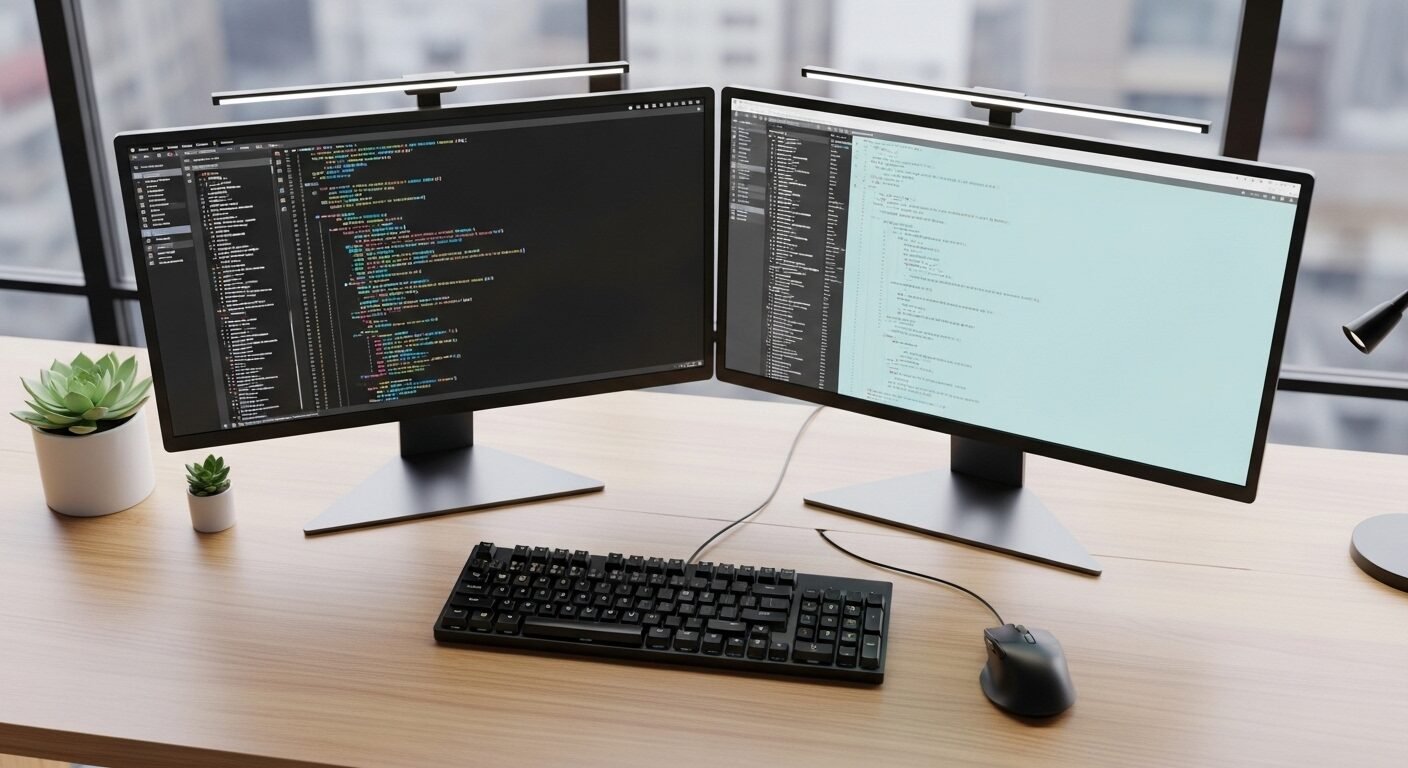 Bàn làm việc công nghệ thông tin hiện đại với hai màn hình hiển thị code, bàn phím và chuột. Hình ảnh trực quan này thể hiện rõ nhu cầu nhân lực ngành công nghệ thông tin đang phát triển mạnh mẽ.