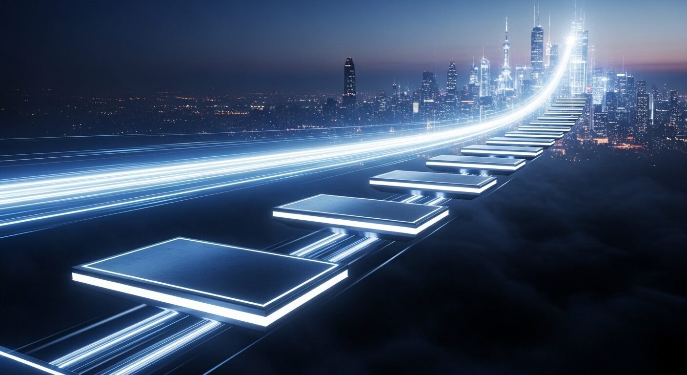 Hình ảnh trừu tượng con đường thăng tiến với các nền tảng phát sáng dẫn đến thành phố tương lai, tượng trưng cho sự phát triển sự nghiệp và tiềm năng tăng trưởng mức lương nhân viên Marketing mới ra trường.