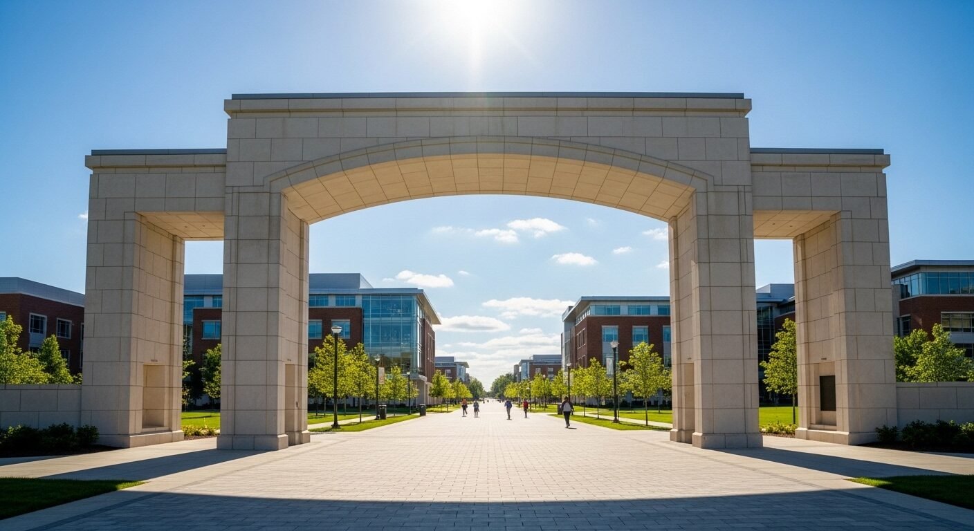 Cổng vòm lớn, hiện đại và chào đón của khuôn viên đại học, dẫn lối cho thí sinh tham gia kỳ thi đánh giá năng lực ĐHQG TPHCM.