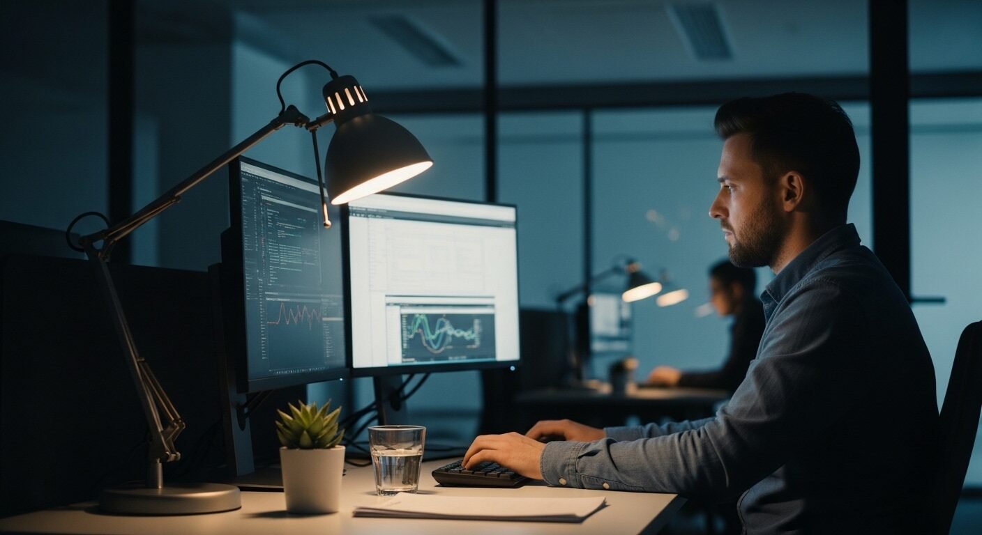 Nhà khoa học dữ liệu tập trung phân tích code Python và trực quan hóa dữ liệu trên nhiều màn hình, thể hiện một ngành nghề lương cao trong thời đại công nghệ.