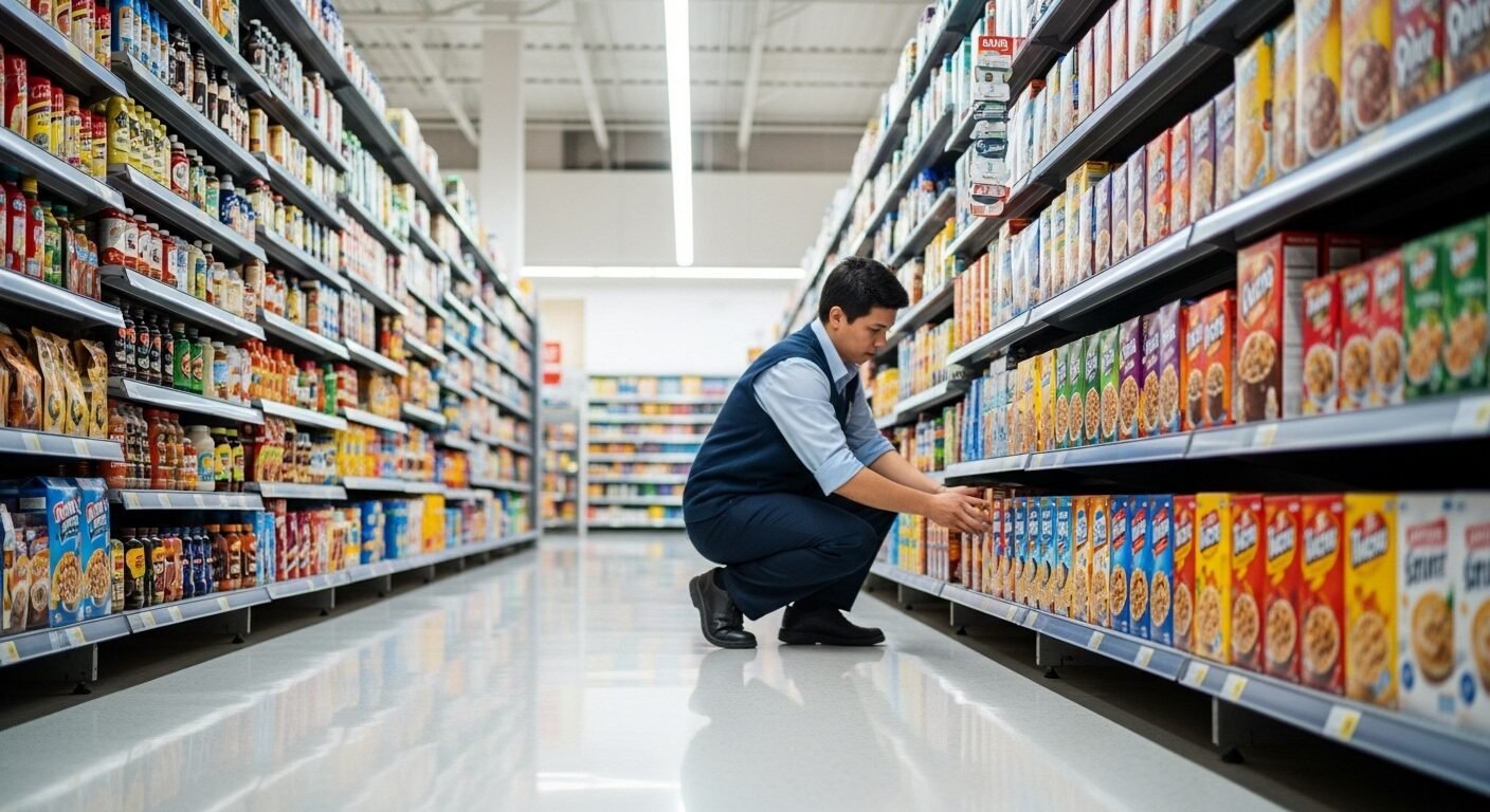 Nhân viên tỉ mỉ sắp xếp sản phẩm trên kệ thấp trong lối đi cửa hàng bán lẻ sáng sủa, đảm bảo mọi thứ ngăn nắp và sẵn sàng.