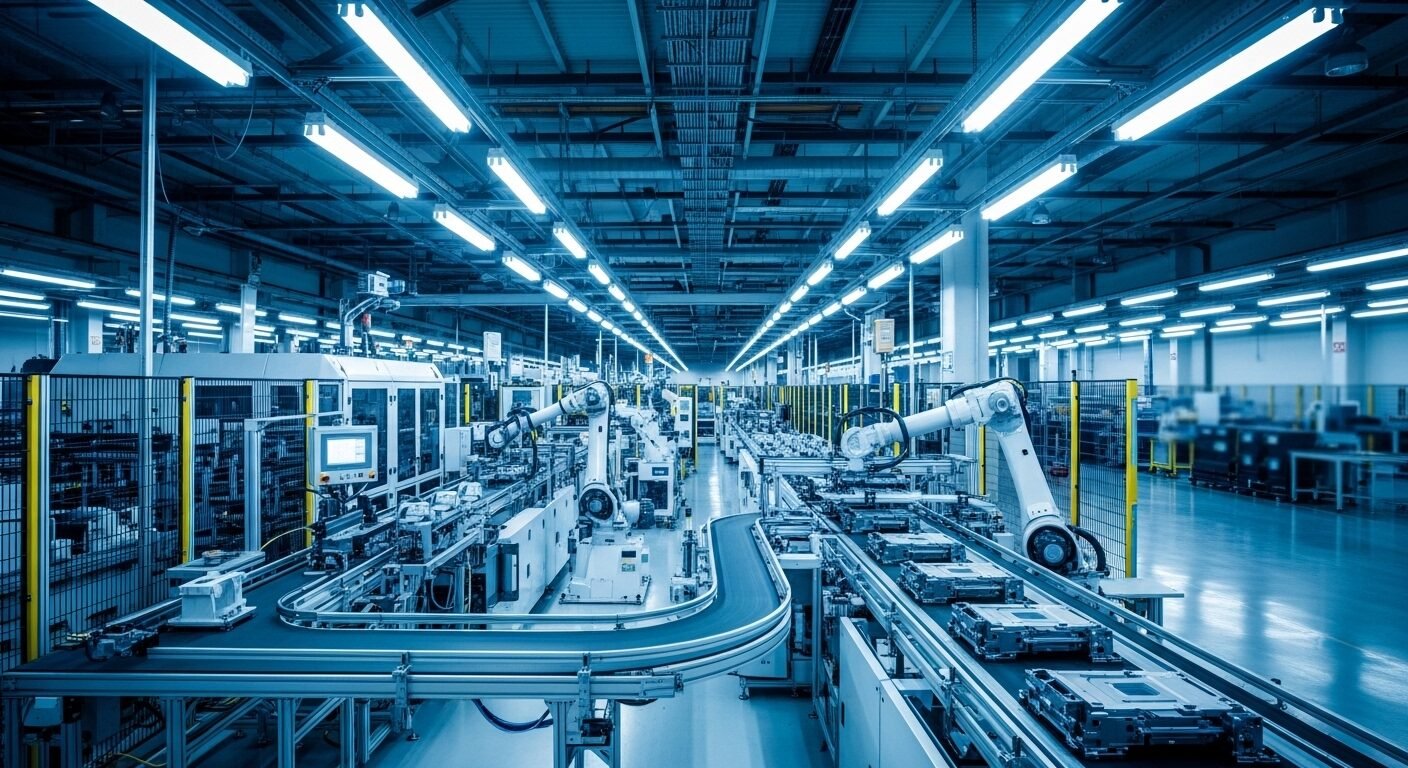 Dây chuyền sản xuất tự động hiện đại trong nhà máy sạch sẽ, vận hành 24/7 giúp tối ưu chi phí lương OT cho doanh nghiệp.