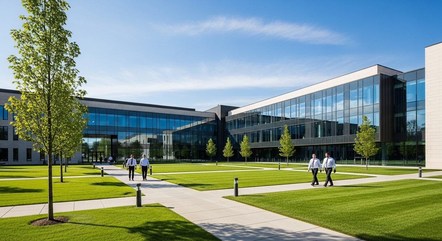 Ngoại cảnh khuôn viên đại học hiện đại với tòa nhà kính và bãi cỏ xanh mướt dưới nắng, thể hiện môi trường làm việc chuyên nghiệp, nơi các vấn đề về lương giảng viên đại học được chú trọng. Ngoại cảnh khuôn viên đại học hiện đại với tòa nhà kính và bãi cỏ xanh mướt dưới nắng, thể hiện môi trường làm việc chuyên nghiệp, nơi các vấn đề về lương giảng viên đại học được chú trọng.