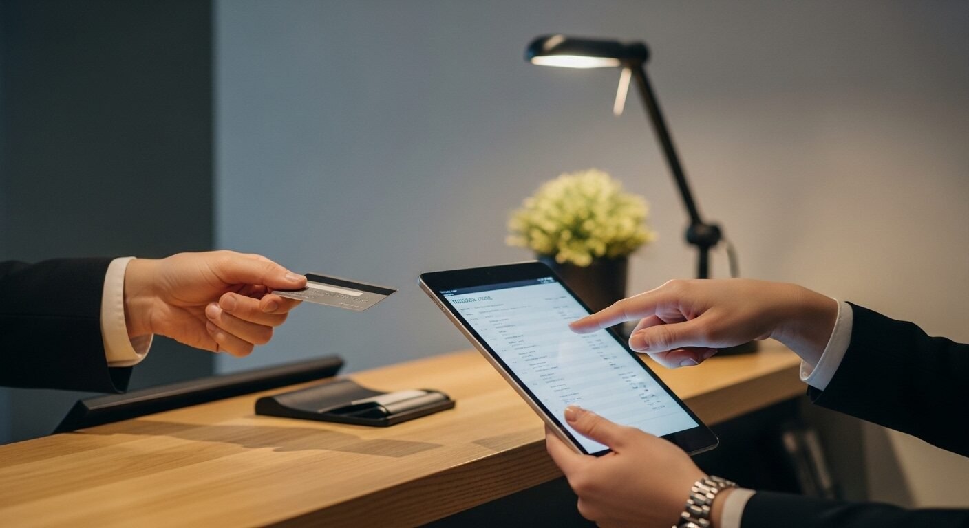 Tay khách hàng thanh toán thẻ tín dụng tại quầy lễ tân, nhân viên chỉ chi tiết hóa đơn trên máy tính bảng. Hình ảnh minh họa rõ ràng quy trình, giúp bạn hiểu check out là gì khi rời khách sạn.