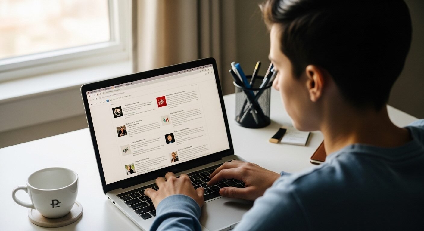 Người làm việc tập trung trên laptop với nhiều tab nghiên cứu, minh họa công việc của cộng tác viên. Màn hình có thể hiển thị kết quả tìm kiếm Người làm việc tập trung trên laptop với nhiều tab nghiên cứu, minh họa công việc của cộng tác viên. Màn hình có thể hiển thị kết quả tìm kiếm