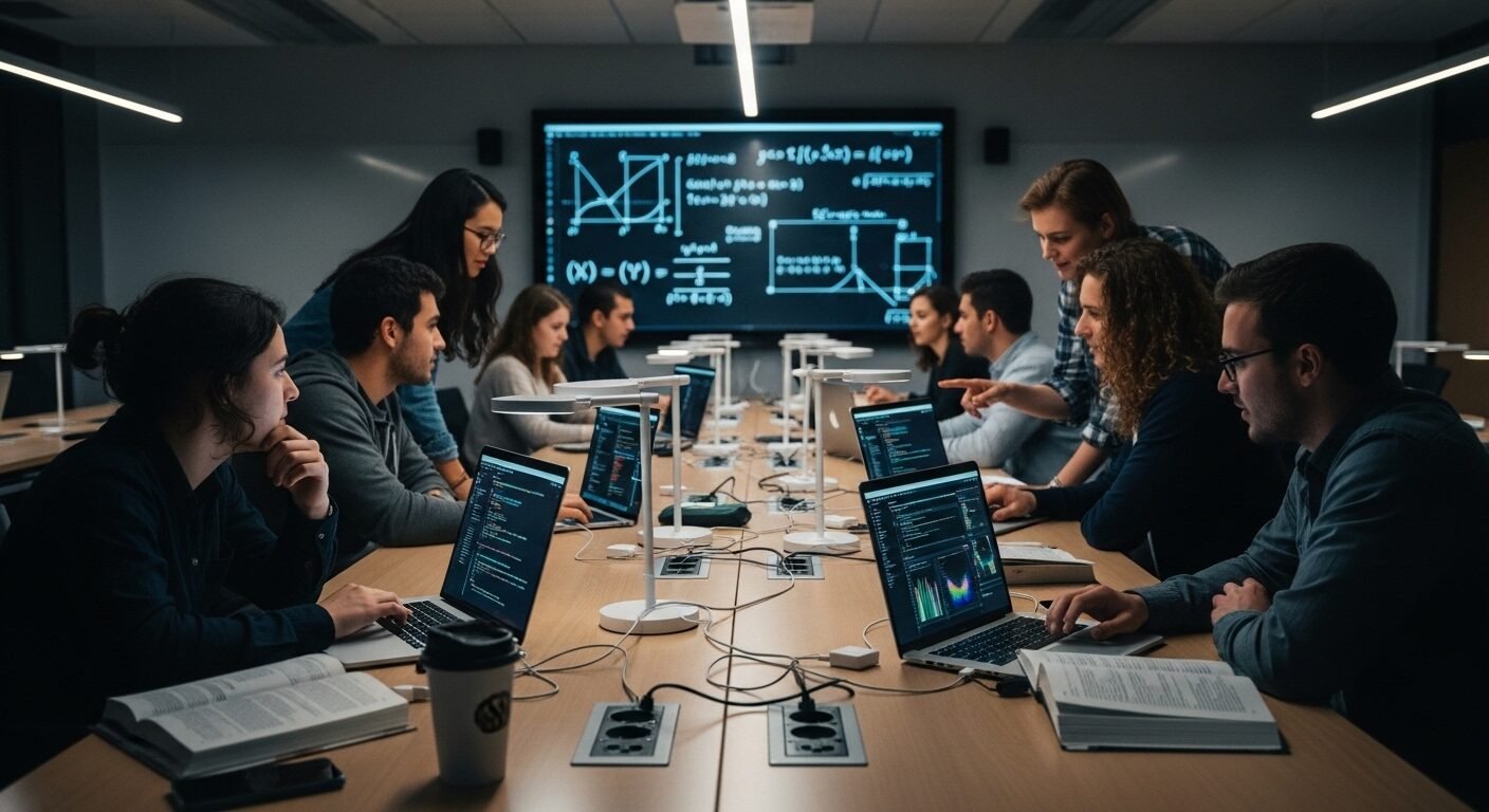 Sinh viên đại học đa dạng tập trung cao độ trong phòng lab máy tính hiện đại, lập trình và phân tích dữ liệu trên laptop, với phương trình toán học phức tạp trên màn hình lớn, thể hiện tinh thần học tập nghiêm túc trong ngành Trí tuệ nhân tạo.