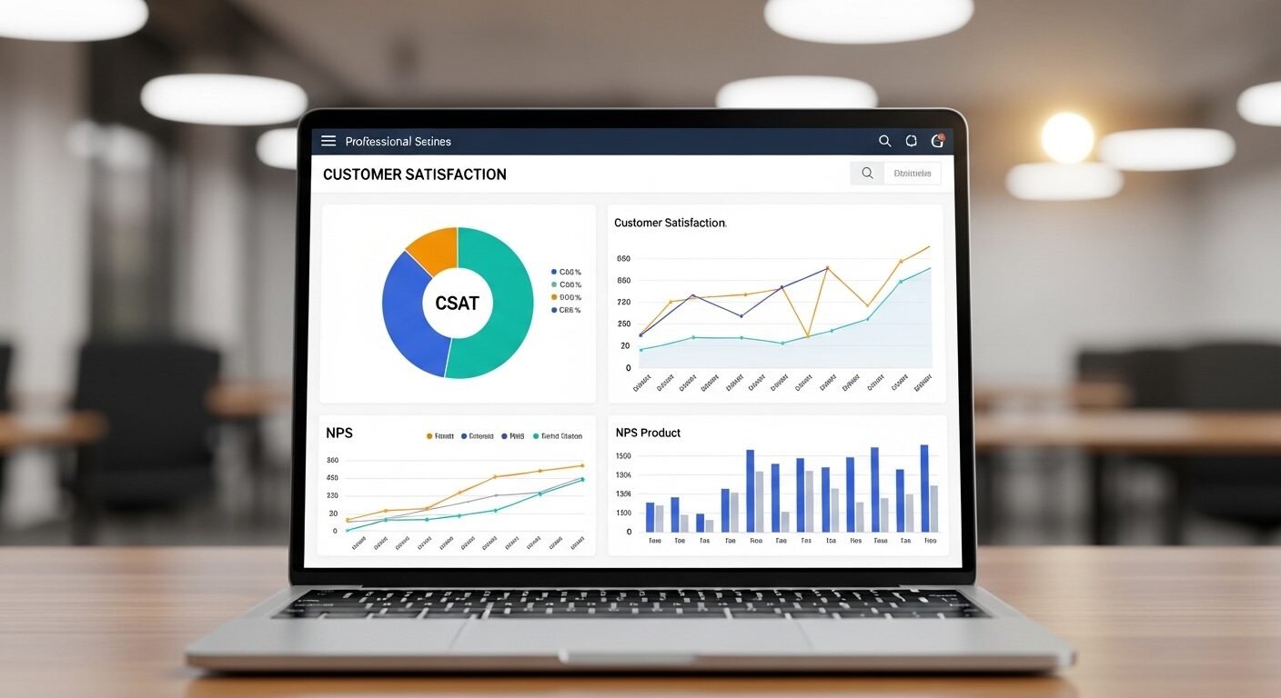 Màn hình laptop hiển thị các biểu đồ CSAT, NPS đầy màu sắc, minh họa rõ nét Customer Service là gì qua dữ liệu hài lòng khách hàng. Màn hình laptop hiển thị các biểu đồ CSAT, NPS đầy màu sắc, minh họa rõ nét Customer Service là gì qua dữ liệu hài lòng khách hàng.