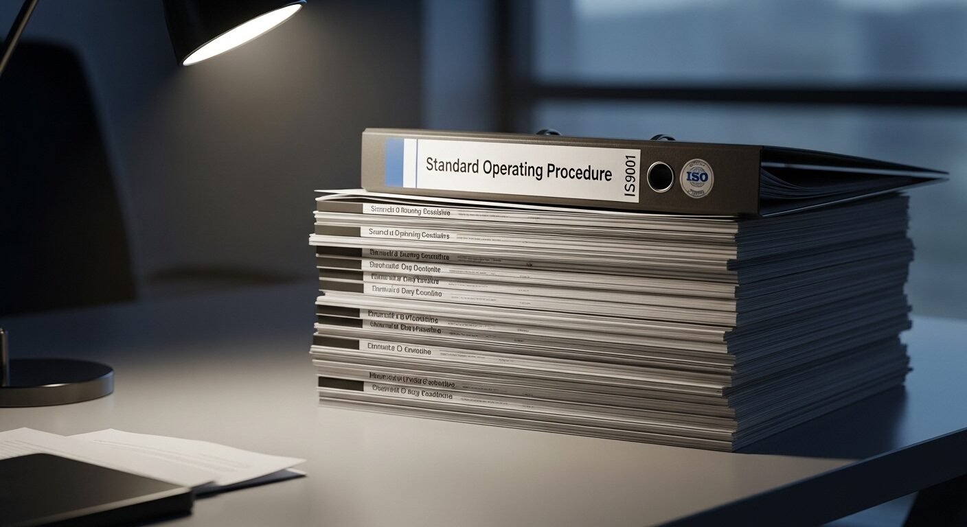Chồng tài liệu Quy trình Vận hành Tiêu chuẩn (SOPs) và logo ISO 9001 rõ nét trên bàn làm việc chuyên nghiệp, minh họa tầm quan trọng của việc hiểu rõ QA là gì QC là gì trong quản lý chất lượng và duy trì các giao thức chuẩn mực.