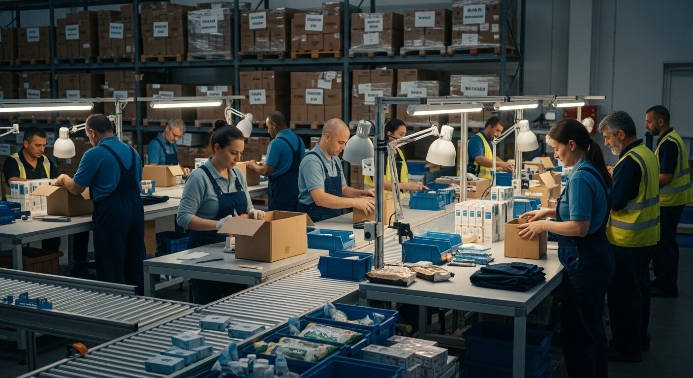 Công nhân thời vụ đang phân loại và đóng gói hàng hóa hiệu quả trên dây chuyền trong nhà kho hiện đại, với các chồng hộp đã dán nhãn.