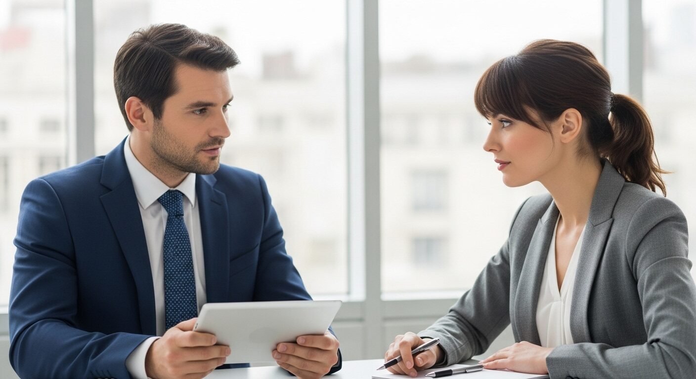 Cộng tác viên Kinh doanh đang trình bày dữ liệu trên máy tính bảng, thảo luận tập trung với khách hàng tại văn phòng hiện đại.