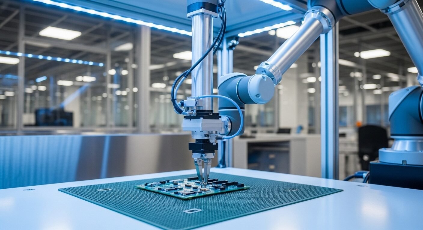 Cánh tay robot chính xác đặt linh kiện lên bảng mạch điện tử trong nhà máy công nghệ cao, minh họa quy trình sản xuất hiện đại. Sản phẩm là gì được tạo ra từ sự tỉ mỉ và tự động hóa này? Cánh tay robot chính xác đặt linh kiện lên bảng mạch điện tử trong nhà máy công nghệ cao, minh họa quy trình sản xuất hiện đại. Sản phẩm là gì được tạo ra từ sự tỉ mỉ và tự động hóa này?