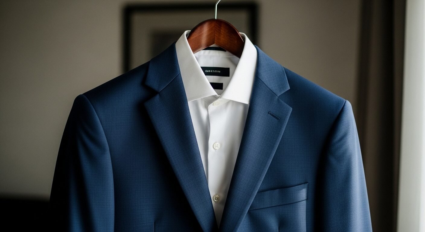 Áo vest xanh navy và sơ mi trắng phẳng phiu treo trên móc gỗ, sẵn sàng cho phỏng vấn. Trang phục chỉn chu kết hợp Kỹ năng trả lời phỏng vấn xin việc sẽ giúp bạn tự tin.