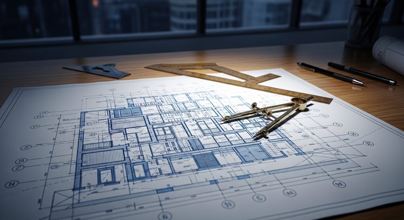 Bản vẽ kiến trúc chi tiết, compa trên bàn gỗ dưới ánh sáng tập trung. Hình ảnh tượng trưng cho sự chuẩn bị kỹ lưỡng và định hướng rõ ràng, yếu tố then chốt cho cách trả lời phỏng vấn định hướng nghề nghiệp thành công.